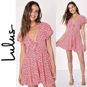 Lulus Dondi Red White Print Tie-Front Short Sleeve Romper Woman's Large Tropical